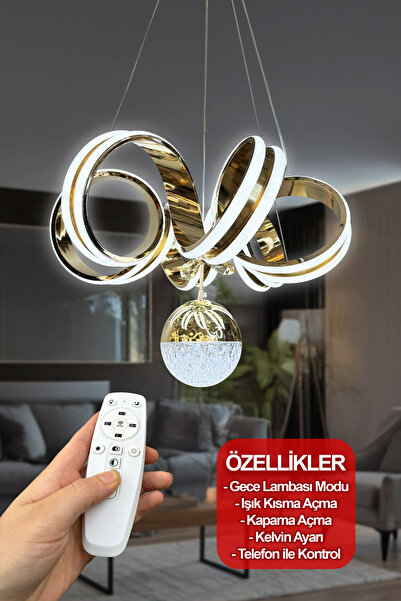 RSCOLLECTIONS Kıvrım Çift Ledli Elmas Toplu Sıra Led Avize Kumandalı Gold