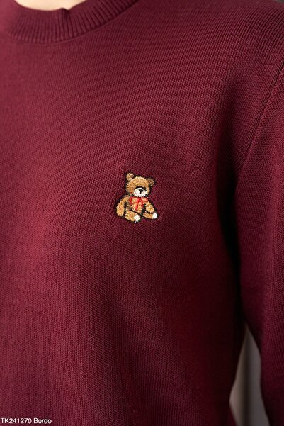 cemo Women's Round Neck Knit Sweater with Embroidered Teddy Bear Detail