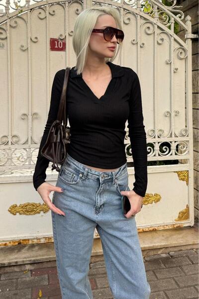 Madmext Black Polo Neck Corded Fabric Women's Bodysuit Mg2566