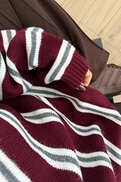 SHILSEE BEUTİQUE Women's Polo Neck Striped Knitted Sweater Burgundy