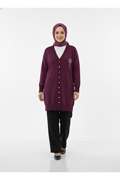 MİHRA STORE Gavessa Stone Embroidered Cardigan with Metal Buttons on the Sleeves and Front-Sy3260 Plum