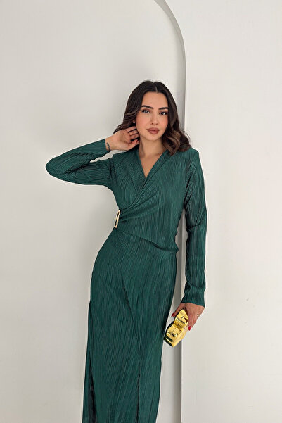 MODAMİNEM Double-Breasted Women's Pleated Dress with Collar Buckle Detail