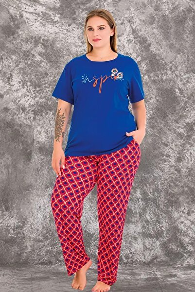 aynora طقم بيجامة نسائي منقوش بأكمام قصيرة ومقاس كبير