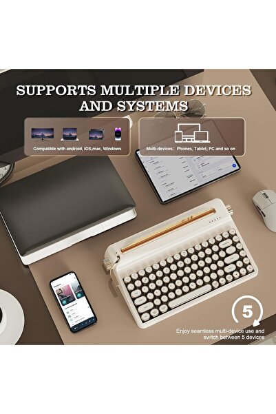 YUNZII QL75 Wireless Retro Typewriter Hot-Swap Mechanical Keyboard (White, Cocoa Cream V2)