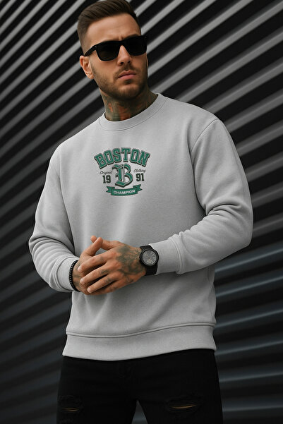 EydaMoon Men's Winter Cotton Boston Printed Regular Crew Neck Sweatshirt