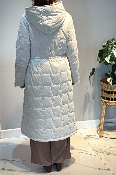 Lale Butik Snap Fastener Hooded Long Inflatable Coat 17871 Beige