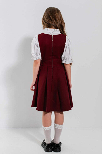 SOLLUXE ADELAIDE – Pinafore dress in suiting fabric with V-neck and full flared skirt, burgundy, 134