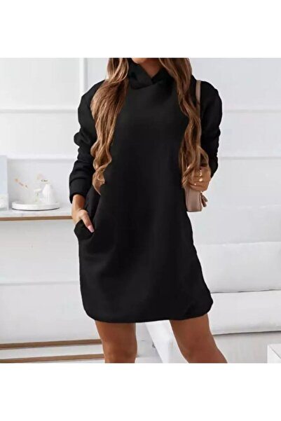 Green'DAL Kapüşonlu Çift Cep %100 Pamuk Tam Kışlık Oversize Spor Kadın Elbise Üçİplik