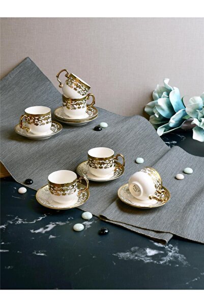Paçi Kabartmalı Yaldızlı 6 Kişilik Türk Kahve Fincan Takımı – 90 ml