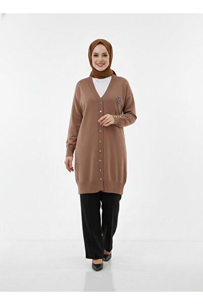 MİHRA STORE Gavessa Stone Embroidered Cardigan with Metal Buttons on the Sleeve and Front-Sy3260 Mink