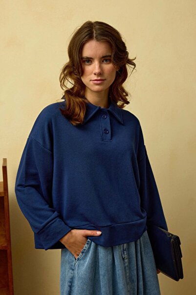 Ceylan Otantik İndigo Polo Yaka Crop