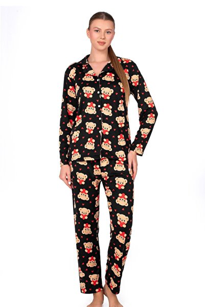 Kompedan Lizbon Kumaş Siyah Ayıcık Desenli Önden Düğmeli Kadın Pijama Takımı