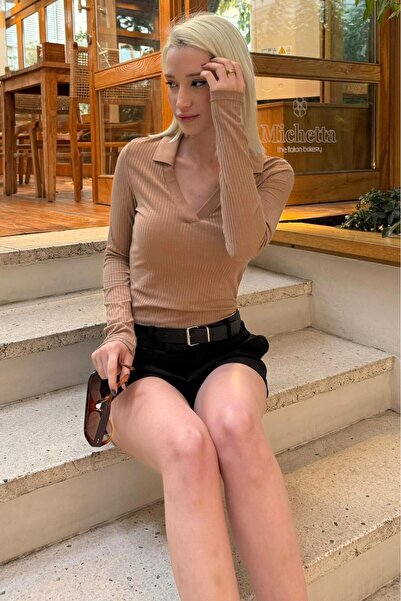 Madmext Beige Polo Neck Corded Fabric Women's Bodysuit Mg2566