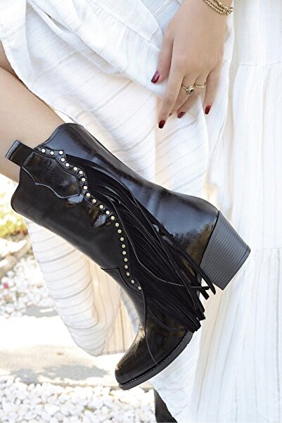 Yazın Ayakkabıları SİYAH RUGAN YANI PÜSKÜLLÜ KOVBOY ÇİZME