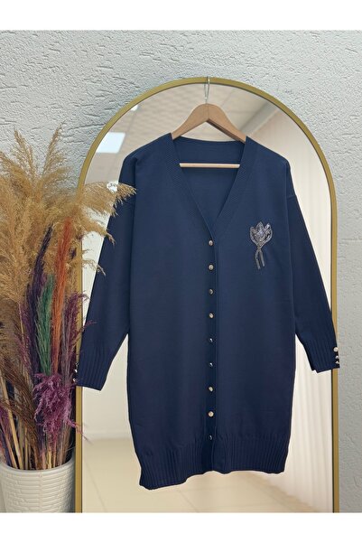 MİHRA STORE Gavessa Stone Embroidered Cardigan with Metal Buttons on the Sleeves and Front-Sy3260 Navy Blue