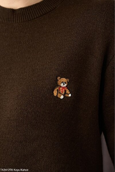 cemo Women's Round Neck Knit Sweater with Embroidered Teddy Bear Detail