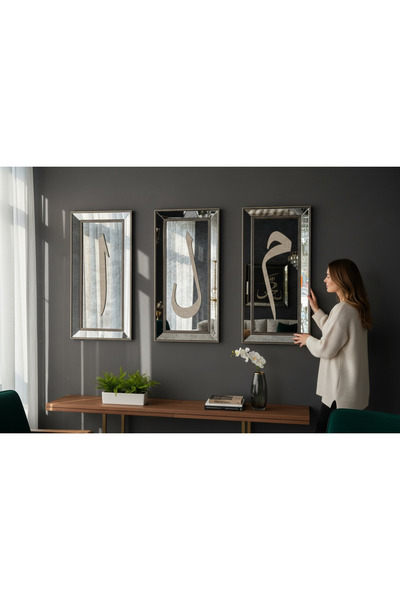 Amisos Dekor Elif Lâm Mîm 3’lü Set 35x75 – Gümüş Çerçeveli Füme Aynalı Kristal Taş İşlemeli Dekoratif Tablo