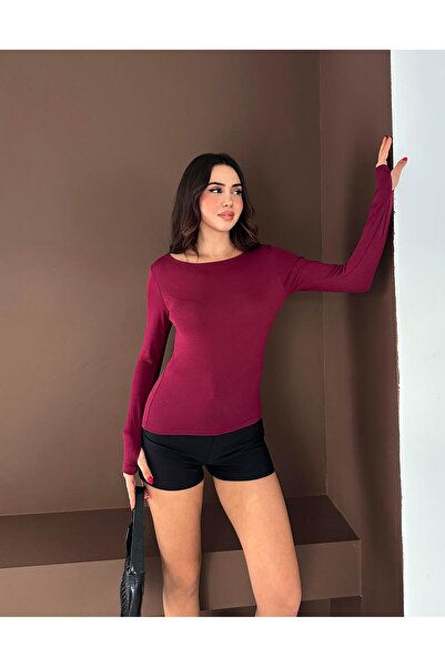 Elaxi Women's Boat Neck Finger-Looped Long Sleeve Full Stretch Fabric Cotton Viscose Buzzy Body T-Shirt