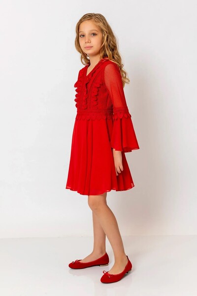 incity Girls' Red Lace and Flounce Sleeve Detailed Dress