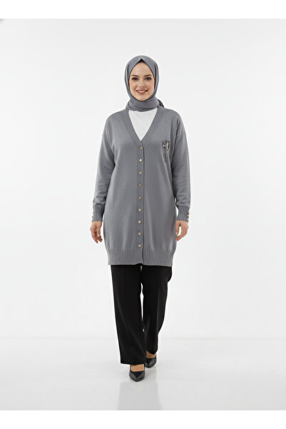 MİHRA STORE Gavessa Stone Embroidered Cardigan with Metal Buttons on the Sleeves and Front-Sy3260 Gray