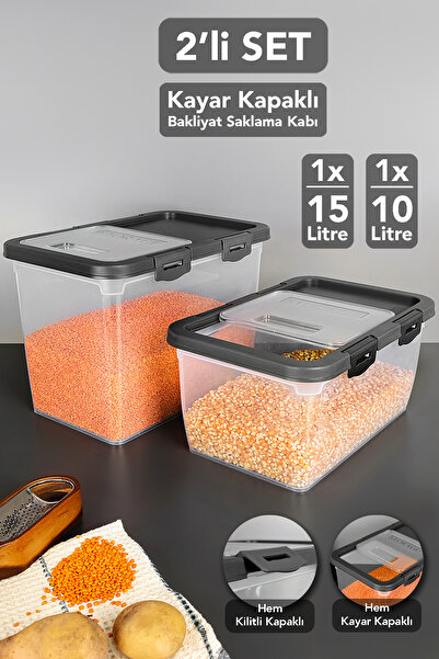 Meleni Home 2-Piece Sliding Lid Grain Storage Container - Multi-Purpose Lockable Lid Flour Food Container Gray 10+15 Lt