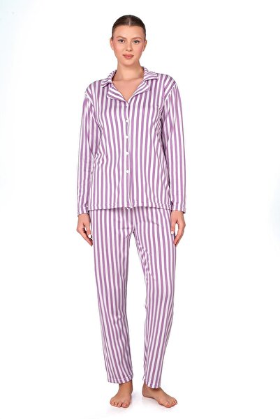 Kompedan Pembe Çizgili Lizbon Kumaş İçi Şardonlu Önden Düğmeli Kadın Pijama Takımı