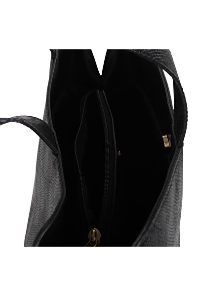 Reseen Black Faux Leather Snake Pattern Shoulder & Hand Bag – 3 Compartments, Magnetic and Zipper Closure Design