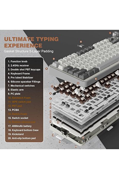 YUNZII B75 PRO Wireless 75% Mechanical Gaming Keyboard (Cocoa Cream V2, Grey)