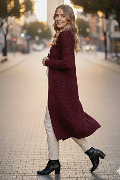 benguen Zigzag Patterned Long Knitwear Cardigan R4470 Claret Red