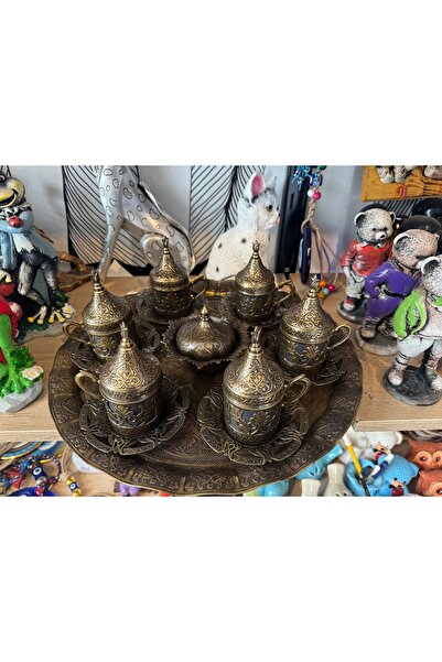 Atak Hediyelik 6-Person Forged Bronze Copper Cup Set with Tray, Turkish Delight Bowl 85 ml