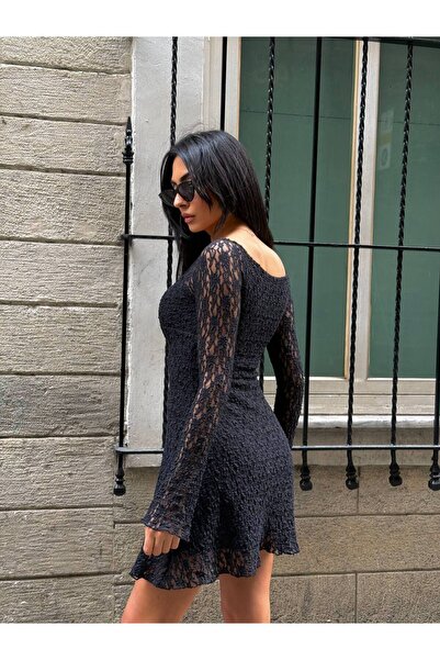 Cuyka Long Sleeve Ruched Detail Guipure Fabric Mini Dress – Lined