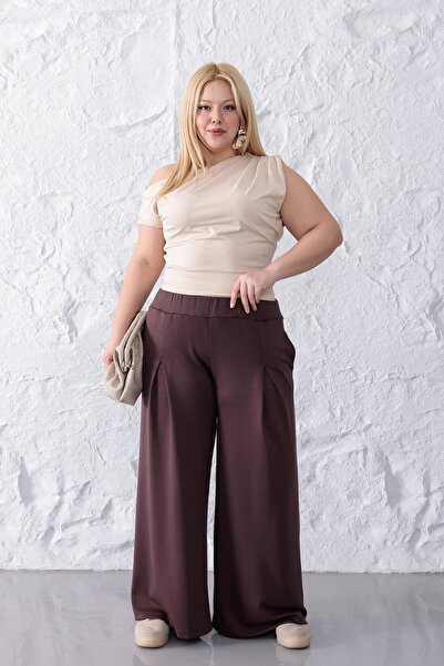 Siyezen Plus Size Modal Fabric Trousers with Pleated Detail on the Front