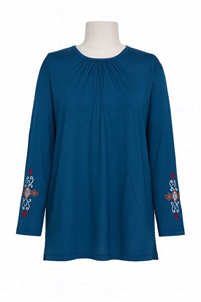 Nacar Moda Women's Stretch Fabric Middle-Aged and Above Four Seasons Light Blue Mother Combed Cotton Blouse New Season Sleeve Embroidered