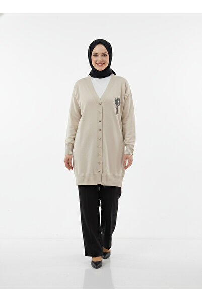 MİHRA STORE Gavessa Stone Embroidered Cardigan with Metal Buttons on the Sleeves and Front-Sy3260 Stone