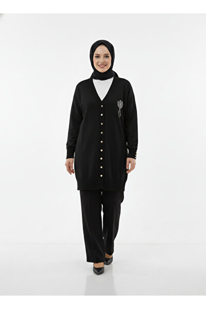 MİHRA STORE Gavessa Stone Embroidered Cardigan with Metal Buttons on the Sleeves and Front-Sy3260 Black