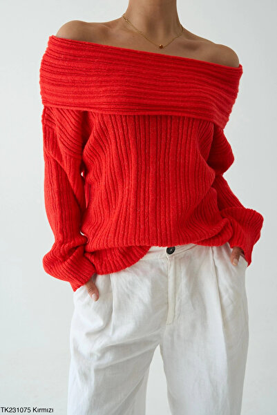 cemo Women's Off-The-Shoulder Rib Knit Wide Neckline Oversized Sweater