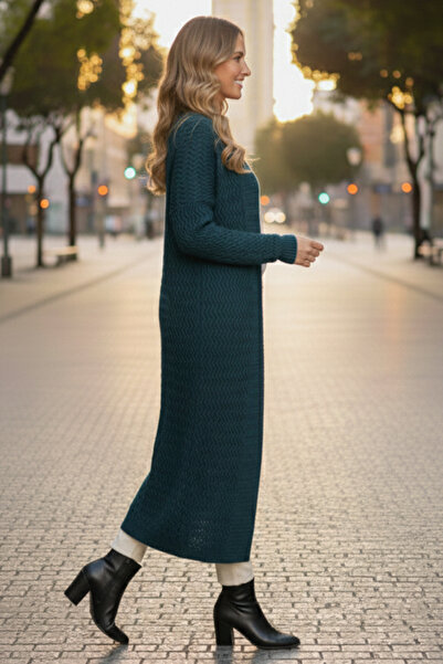 benguen Довгий трикотажний кардиган із зигзагоподібним візерунком R4470 Нафта