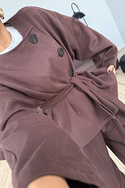 SHILSEE BEUTİQUE Women's Large Buttoned Waist Belted Knitwear Set Brown