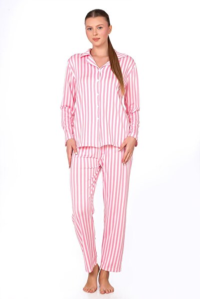 Kompedan Pembe Çizgili Lizbon Kumaş İçi Şardonlu Önden Düğmeli Kadın Pijama Takımı