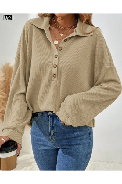 Modayakamoz Yeni Sezon Kadın Salaş Waffle Bluz Uzun Kollu Yaka ve Düğme Detaylı