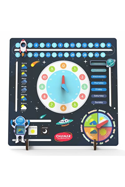 Chanak Wooden Space Learning Clock for Kids | Teach Time, Date, Week, Month & Weather