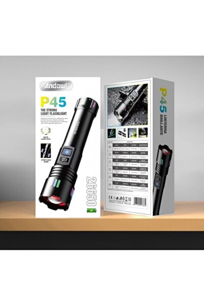 Andowl P45 Handheld LED Flashlight, 500m Range, Black