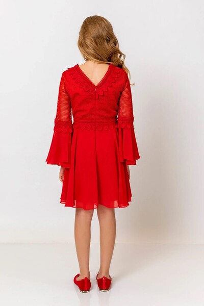 incity Girls' Red Lace and Flounce Sleeve Detailed Dress