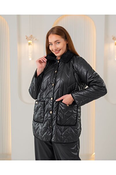 FUERTE XL Plus Size Fur Collar Quilted Stitched Coat