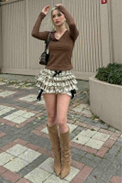 Madmext Bitter Brown Polo Neck Corded Fabric Women's Bodysuit Mg2566