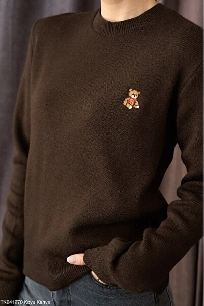 cemo Women's Round Neck Knit Sweater with Embroidered Teddy Bear Detail