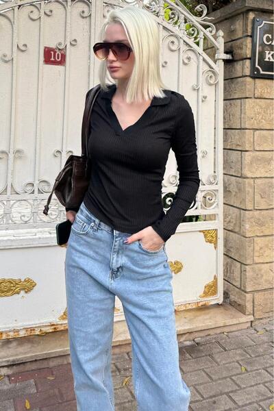 Madmext Black Polo Neck Corded Fabric Women's Bodysuit Mg2566