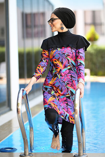 Haliç Mayo Stretch Fabric Full Covered Hijab Swimsuit 044 Black