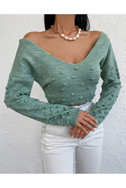 Sea Style سترة تريكو قصيرة بياقة على شكل حرف V ونقش بارز