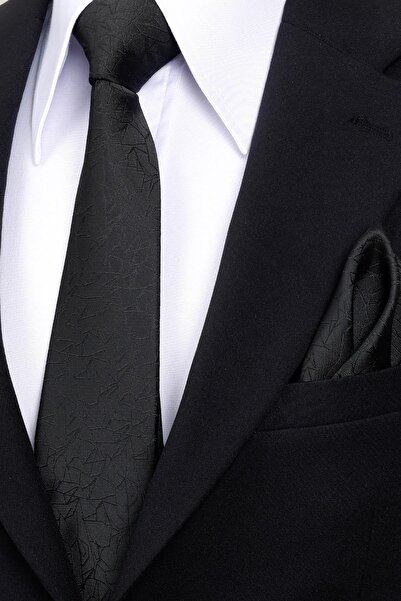 Esgue 8 cm Classic Wide Hand Made Black Patterned Handkerchief Tie